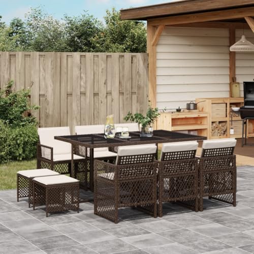 SKM 11-TLG. Garten-Essgruppe mit Kissen Braun Poly Rattan,Möbel, Gartenmöbel, Gartenmöbel-Sets,Braun,83.1KG,3210789