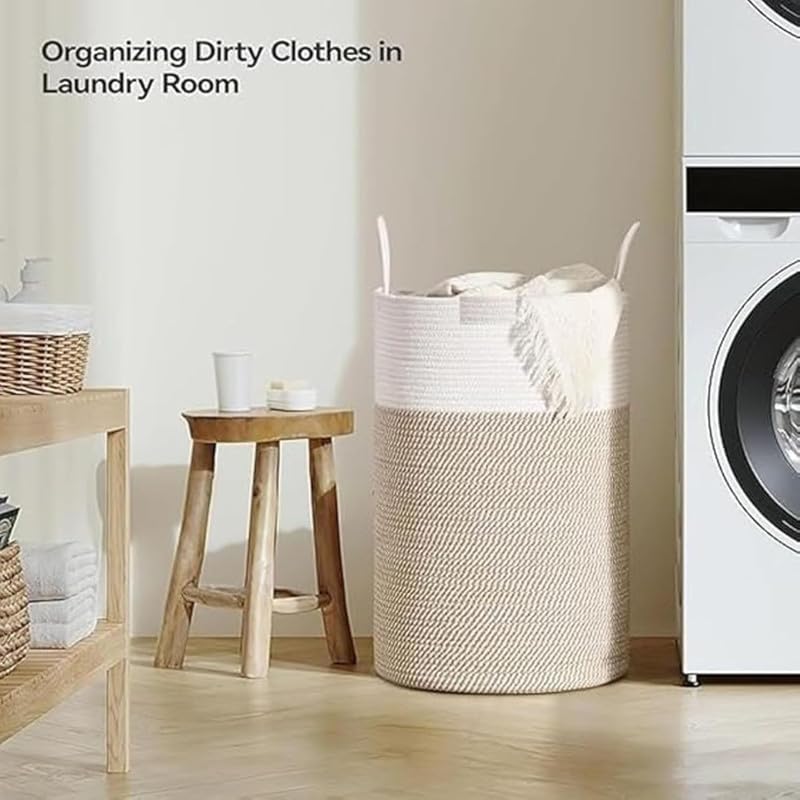 Image of Storage Rope Laundry Hamper Basket for Clothes, Towels and Blankets in Livingroom, Bedroom, Laundry Room and Basket for Nursery Storage (Size - 14 inch x 14 inch x 16 inch) (White Beige Mix)