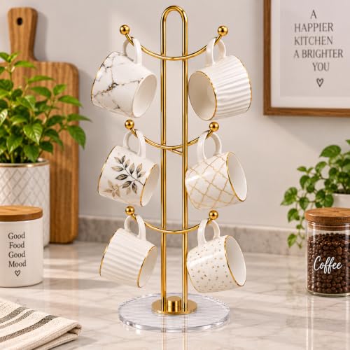 Image of 6 Hook Cup Holder Stand for Kitchen Counter | Metal Cup & Coffee Mug Tree with Acrylic Base | Freestanding Mug Organizer & Hanger Rack | Gold Finish | 6 Cups | 30 x 15 cm