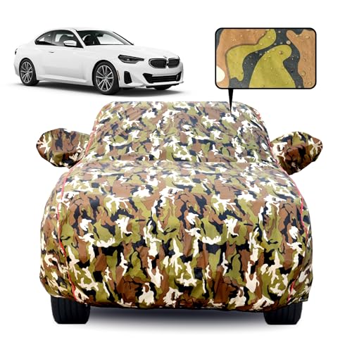 Image of Waterproof Car Body Cover for BMW 2 Series with Mirror Pocket, Soft Cotton Lining, Triple Stitched, Full Bottom Elastic (Heat Resistant Jungle Print with Red Piping)