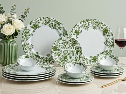 Image of Bodhi House Porcelain Dinner Set 18 Pieces - Green Leaf | 6 Dinner Plates, 6 Quarter Plates, 6 Katori Bowls | Premium Crockery Set for Dining, Kitchen & Gifting