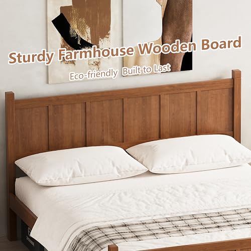 Image of Queen Size Vintage Bed Frame with Headboard, Farmhouse Wooden Platform Bed with Under-Bed Storage, Minimalist Modern Wood Grain Finish Bedframe for Bedroom (Light Walnut)