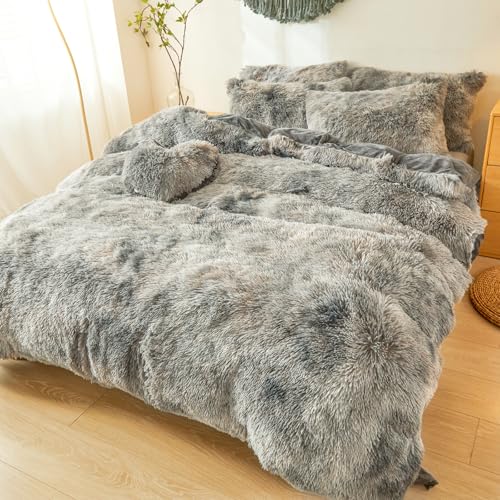 Plush Fluffy Tie Dye Dark Gray Comforter Cover Queen Set – Faux Fur Plush Tie Dye Dark Gray Bedding 3-Piece Set (1 Duvet Cover + 2 Furry Pillow Shams) Cozy Bed Set