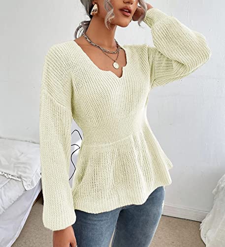 Image of Veatzaer Womens V Neck Sweaters Fall Trendy Casual Long Lantern Sleeve Ribbed Knit Pullover Sweater Tops