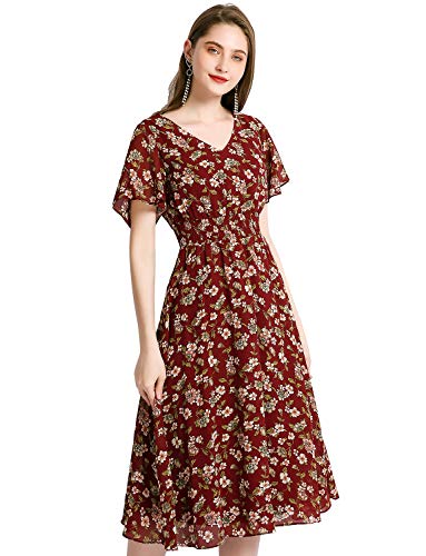 Women Summer Floral Chffion Midi Dress Casual V-Neck Boho Summer Beach Party Cocktail Dress Burgundy Flower XL