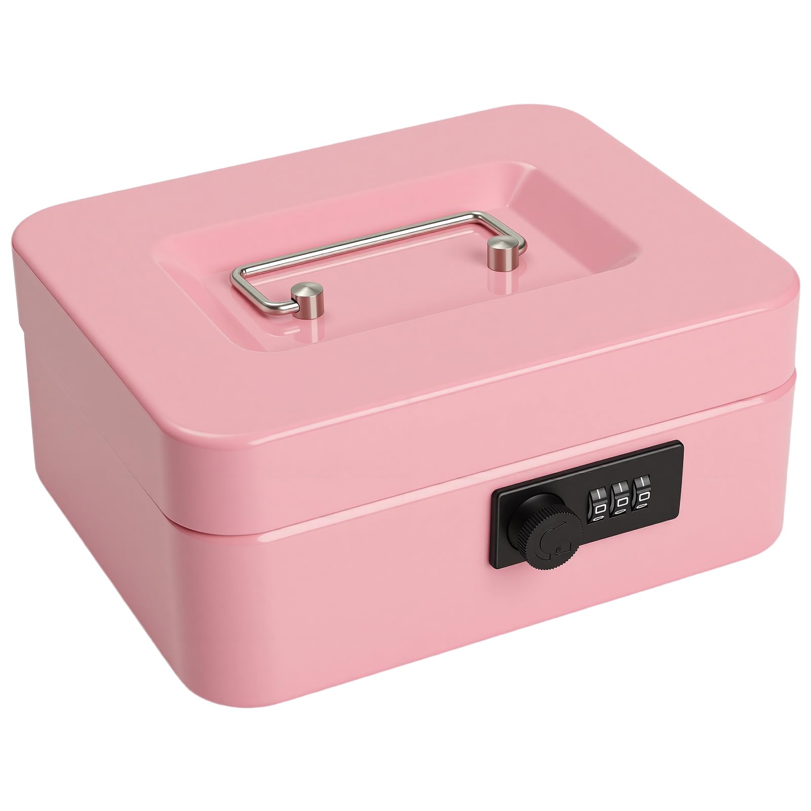 Cash Box with Combination Lock, Money Tin Box with Coin Tray, Lockable Cash Tin for Money Saving 20 * 16 * 9cm (Pink)