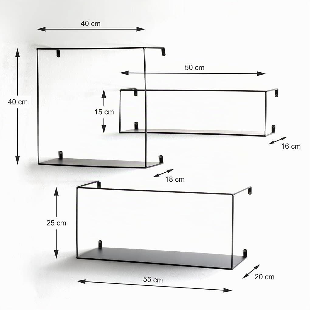 HAKU Möbel Set di 3 mensole a muro nero, metallo - Dim. L 40/50/55 cm x A 40/15/25 cm x P 18/16/20 cm, Stile Moderno