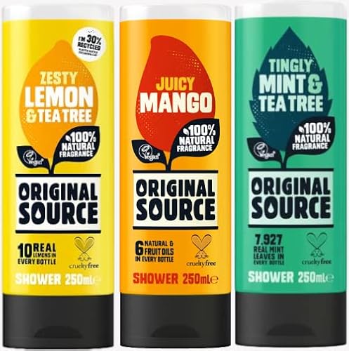 Original Source Pack of 3 250ml Shower Gel Bottles, Zesty Lemon & Tea Tree, Tingly Mint & Tea Tree, Juicy Mango