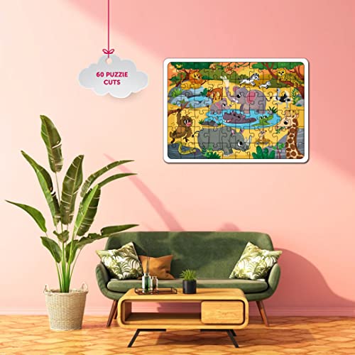Image of Mini Leaves 60 Pieces Wooden Floor Puzzle for Kids & Adults | Wild Safari Animals Jigsaw | Fun & Challenging Game - Gift With Wooden Box