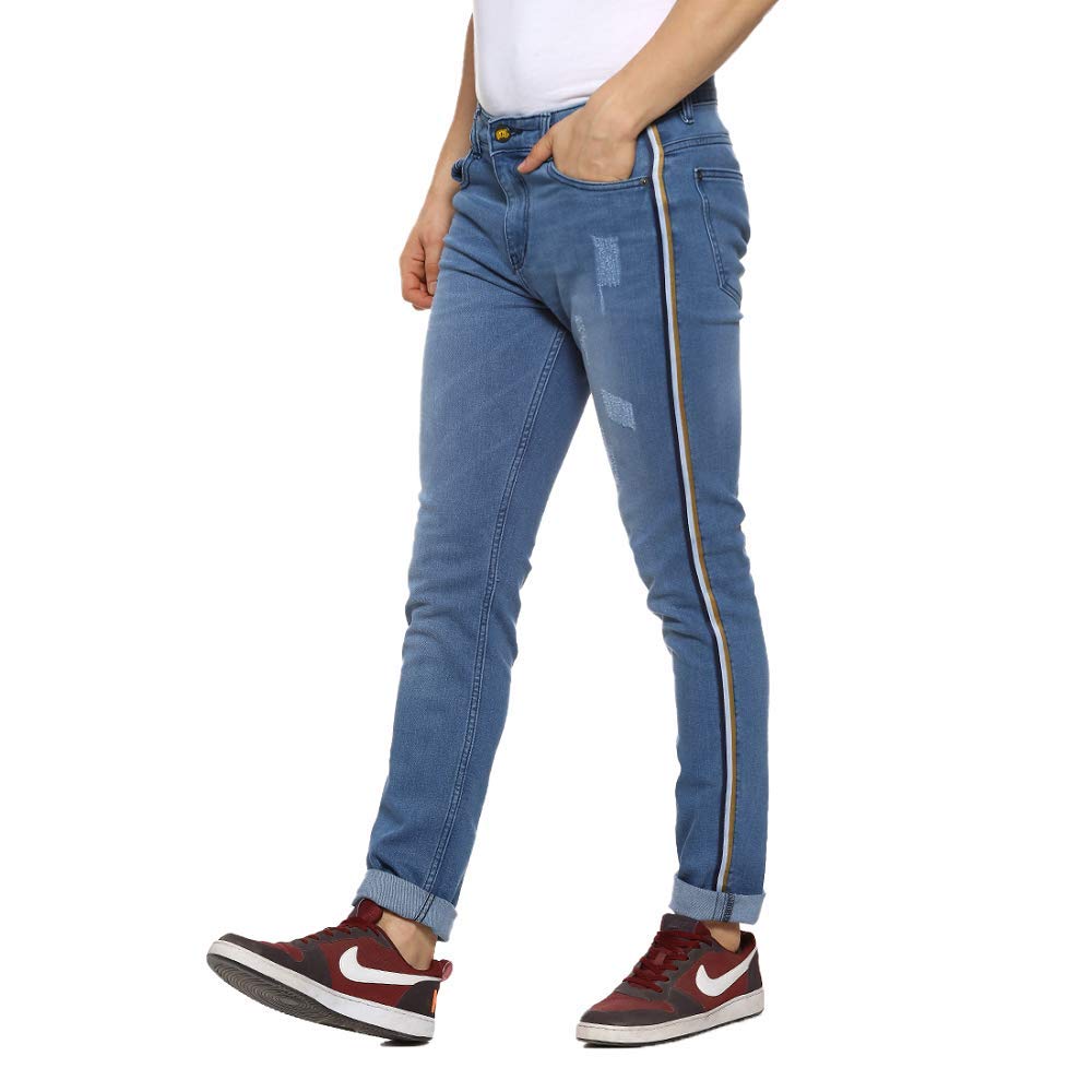 Campus Sutra Men's Mid Rise Classic -Washed Distressed Side Striped Regular Fit Denim Jeans | Mid-Rise Stretchable Cotton Denim Jeans Crafted With Comfort Fit & High Performance For Everyday Wear