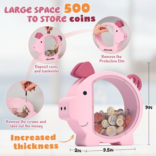 Image of Piggy Bank for Kids Girls, Pink Kids Piggy Bank with Creative DIY Stickers