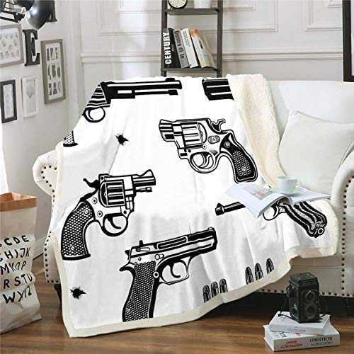 Feelyou Men Pistol Printed Fleece Blanket Retro Guns Pattern Sherpa Throw Blanket for Sofa Couch Adult Peacemaker Design Fuzzy Blanket Mechanical Gun Warm Plush Blanket Room Decor Twin 60"x8