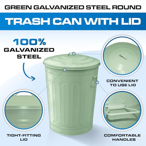 Image of Plexon 13 Gallon Metal Trash Can with Lid Outdoor Vintage Trash Can Steel Retro Garbage Can for Kitchen Farmhouse Rustic Bird Seed Storage Pet Food Cute Bucket, Green 6 Pack