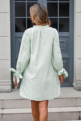 Image of EZAPINE Striped Dress for Women V Neck 3 /4 Bow Puff Sleeve Summer A Line Flowy Shirt Dress with Pockets