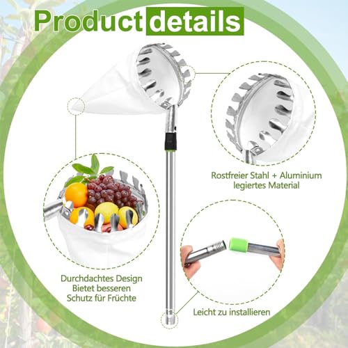 PASLFC 3.4m Obstpflücker mit Teleskopstiel Apfelpflücker Obstpflücker für Kirschen Kirschenpflücker mit Teleskopstiel Kirschpflücker mit Teleskopstiel Zitrus Birnen Kirschen Pflücker Pflaumenpflücker
