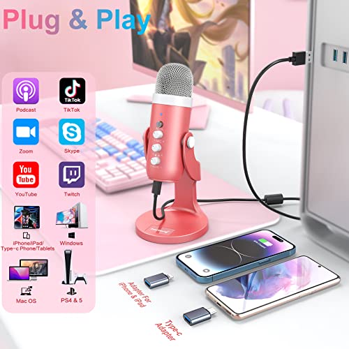 Zealsound Gaming Usb Microphone,Pink Microphone With Quick Mute For Phone Computer Pc Ps5,Studio Mic With Gain Control,Echo&Monitor Volume Adjust For Streaming Vocal Recording Asmr Podcast Video K66 #TOP1