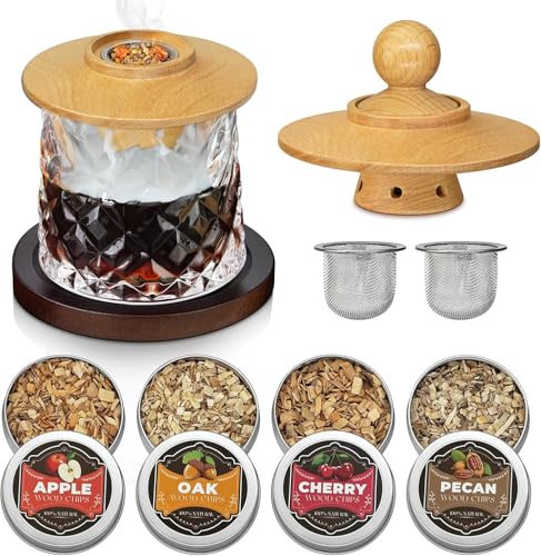 Whisky Räucher Set-Cocktail Raucher Kit, 4 Flavors Wood Chips, Whiskey Geschenke für Männer Vater Ehemann