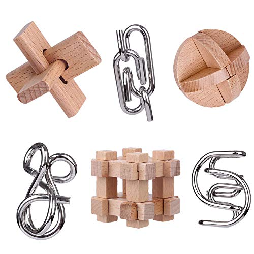 Ahyuan Metal Wire Puzzle 3 Sets And Wooden Brain Teaser Puzzle 3 Sets For Children And Adults Assembly & Disentanglement 3D Wooden Puzzles Toys With Gift Box #TOP22