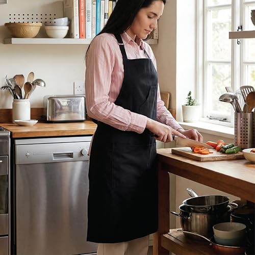 Image of Encasa XO 100% Cotton Apron Set for Women & Men with Adjustable Apron, Oven Gloves & Pot Holder (Pack of 3) Combo, Heat-Resistant, Soft & Durable for Cooking, Baking & Grilling (Full Black)