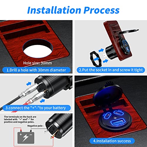 KEWIG 2Pcs 12V USB Outlet Quick Charge 3.0 USB Charger Sockets & Dual PD Type - C Ports, USB Cigartte Lighter Socket with ON/Off Switch DIY Kit, Waterproof Car Charger for Car Boat Marine RV ATV,Golf