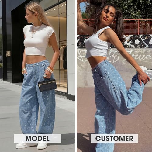 Image of EXLURA Womens Barrel Jeans Wide Leg Y2K Boyfriend Denim Pants Hip Hop Vintage Baggy Jeans Cotton Mid-Low Elastic Waist Pants