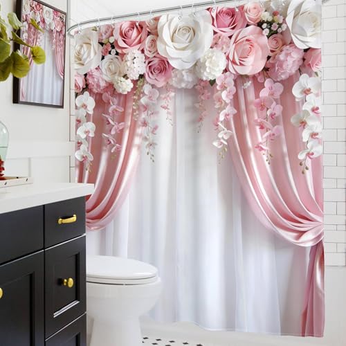 Pink Rose Shower Curtain Girl Women Spring Blossom Bathroom Curtain Set by Glawry - Used condition - Image 4