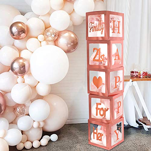 21st Birthday Decorations Boxes Women - 5pcs Rose Gold Transparent Balloon Boxes with Letters of Finally 21st for her and Happy, Happy Birthday Party Backdrop Props Photos for 21st Birthday Gifts