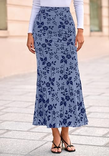 BTFBM Womens Floral Mesh Maxi Skirts,Dusty Blue,Small - image 9