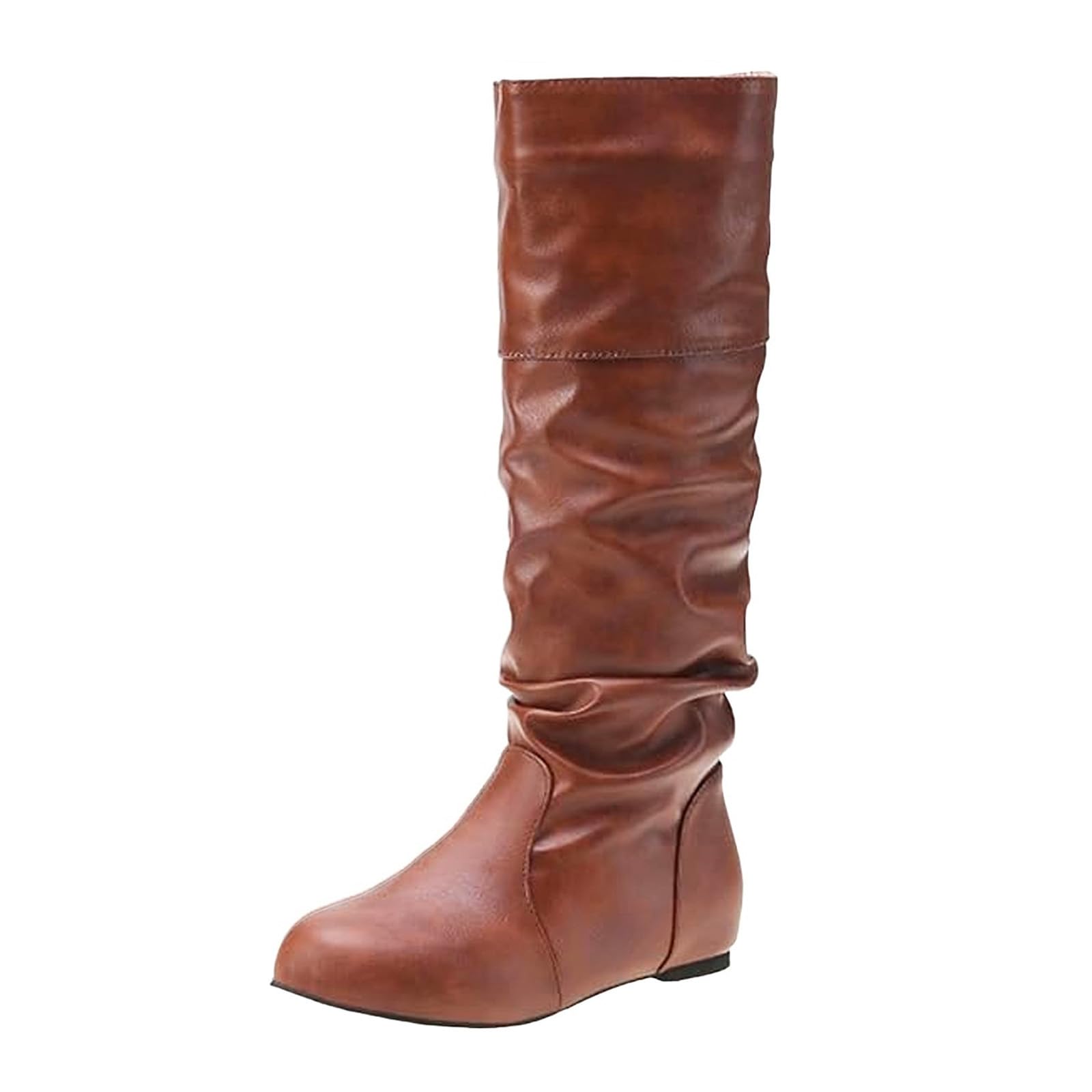 Womens Knee High Boots Faux Leather Falt Slouch Boots Pull On Fall Winter Stylish Boot for Women Wide