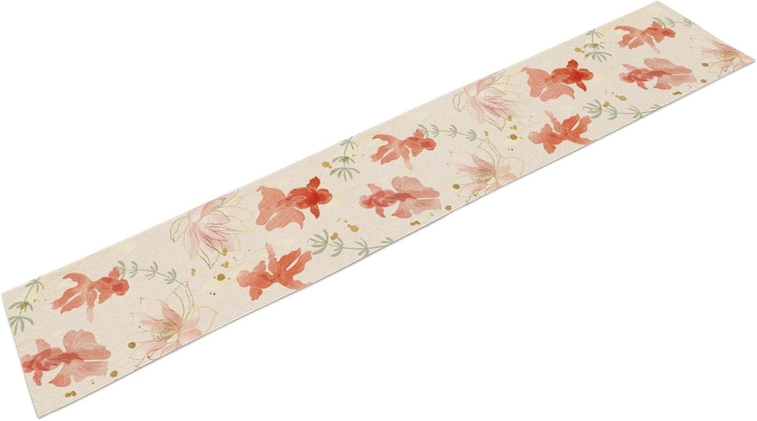 Chinese Goldfish Lotus Table Runner, Asian Oriental Line Art Ink Painting Traditional Culture Table Runner for Home Party Living Room Dinner Kitchen Set, 13x108 Inch