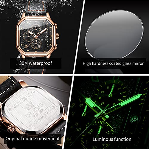 Olevs Square Watches For Men Black Chronograph Leather Quartz Dress Watch For Men Sports Fashion Waterproof Luminous Casual Wrist Watches Rose Gold #TOP5