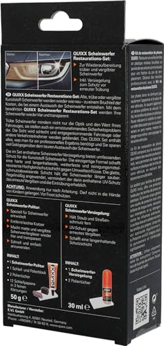 QUIXX Scheinwerfer Restaurations Set Aufbereitungs-Kit, zur Entfernung von Vergilbungen und Kratzern an Scheinwerfern, 50g