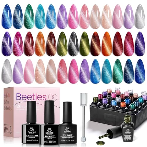 Gelab cosmetics LLC Beetles Cat Eye Gel Nail Polish Set - 20 Colors Glitter Red Green Blue Brown Black Cat Eye Magnetic Base Matte Glossy Top Coat Galaxy Gemlight Soak Off UV Manicure Salon 5ml