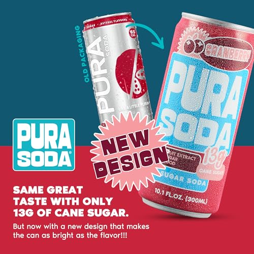 Image of PuraSoda Cranberry - 12g Pure Cane Sugar Soda, 10 Fl Oz, Pack of 24 | Real Fruit Extract, Non-Gmo Vegan, No Stevia Or Artificial Sweeteners, 13g Cane Sugar, 10 Fl Oz Cans