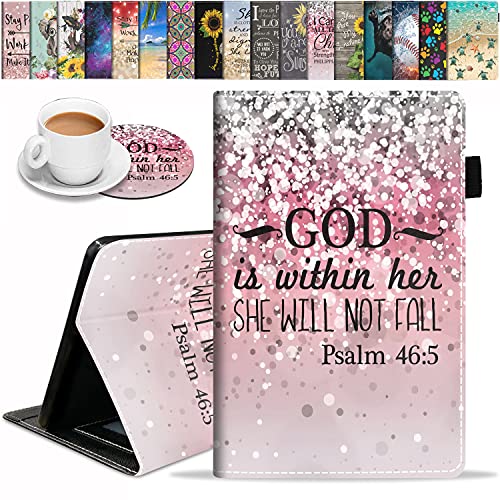 Case for Amazon Fire HD 10 Tablet (9th/7th Gen, 2019/2017 Release), Pink Background Quote Bible Verses Psalm 46:5 Design Premium PU Leather Cover with Auto Sleep Wake Feature Folio Case