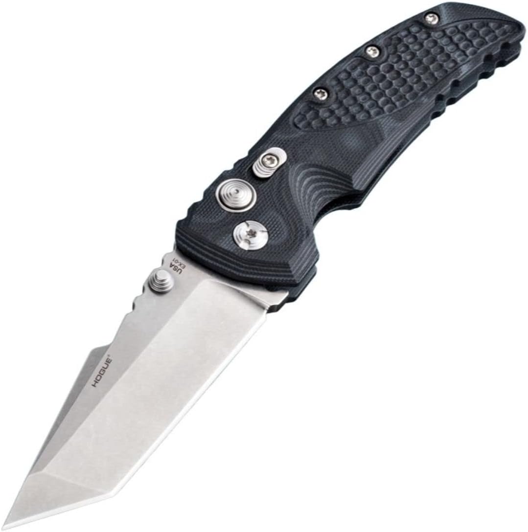 Hogue EX-01 3.5” Folder 154CM Tanto Blade Stone Tumbled Finish, Mini Piranha Scale Textured G10 Frame Button Lock Manual Knife, G-Mascus Black - 34169