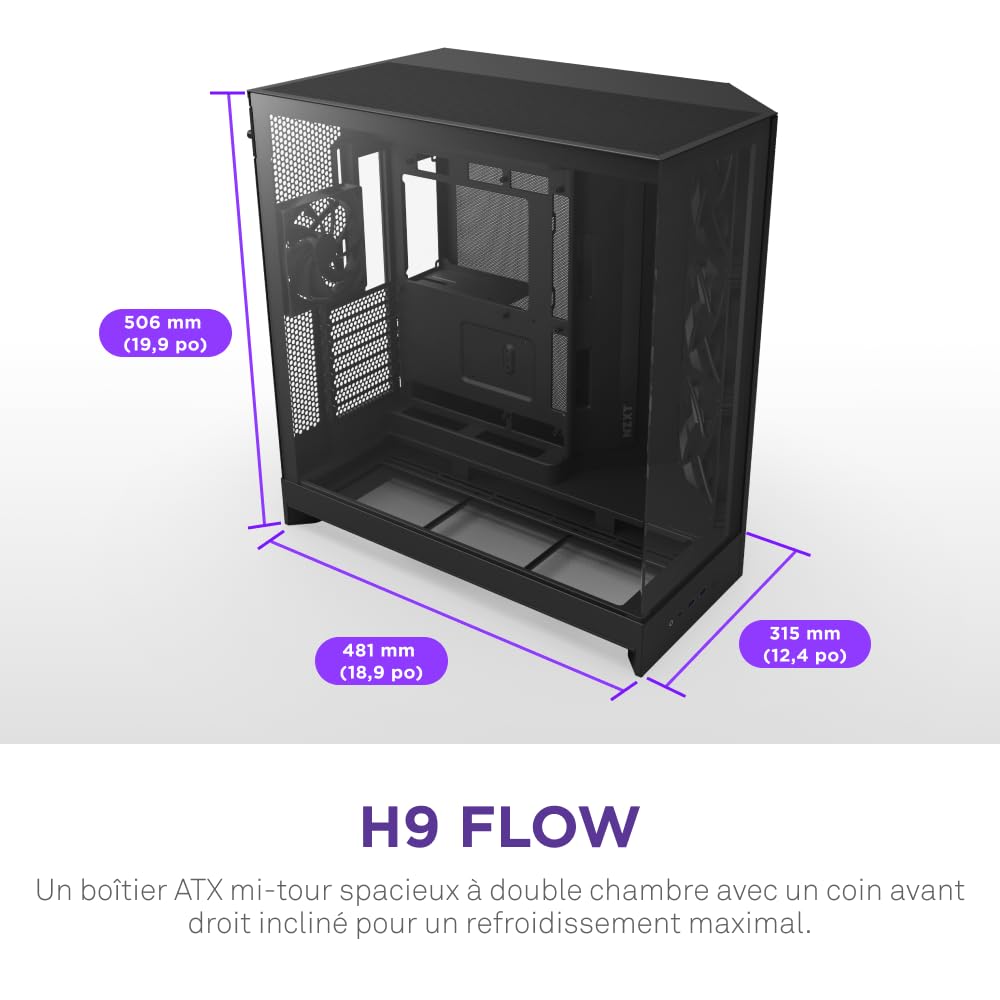 NZXT H9 Flow (2025) – Grand boîtier PC ATX Mid-Tower à Double Chambre pour Flux d'air – Inclut 3 Ventilateurs de 140 mm et 1 Ventilateur de 120 mm – Support de radiateur de 420 mm – Noir