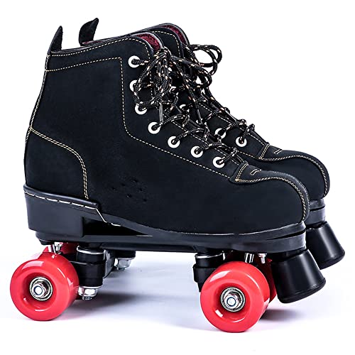 Klzzuk Classic Roller Skates for Adult Kids, Double Row Sports Roller Boots, High-top Leather Quad Skating Shoes for Beginners Women Men Indoor Outdoor (Women6/Men4.5,Red)