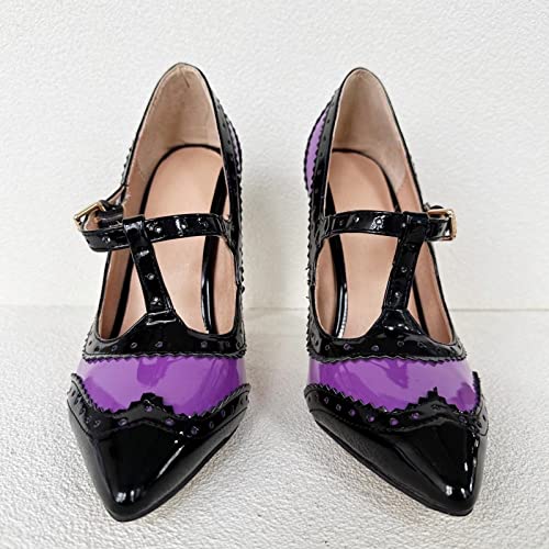 Frankie Hsu Sexy Classic Unisex Stiletto High Heeled Pumps, Black Lace Purple Patent Fashion Style, Big Large US4-14 Size Dressy Spike Shoes for Women Men2