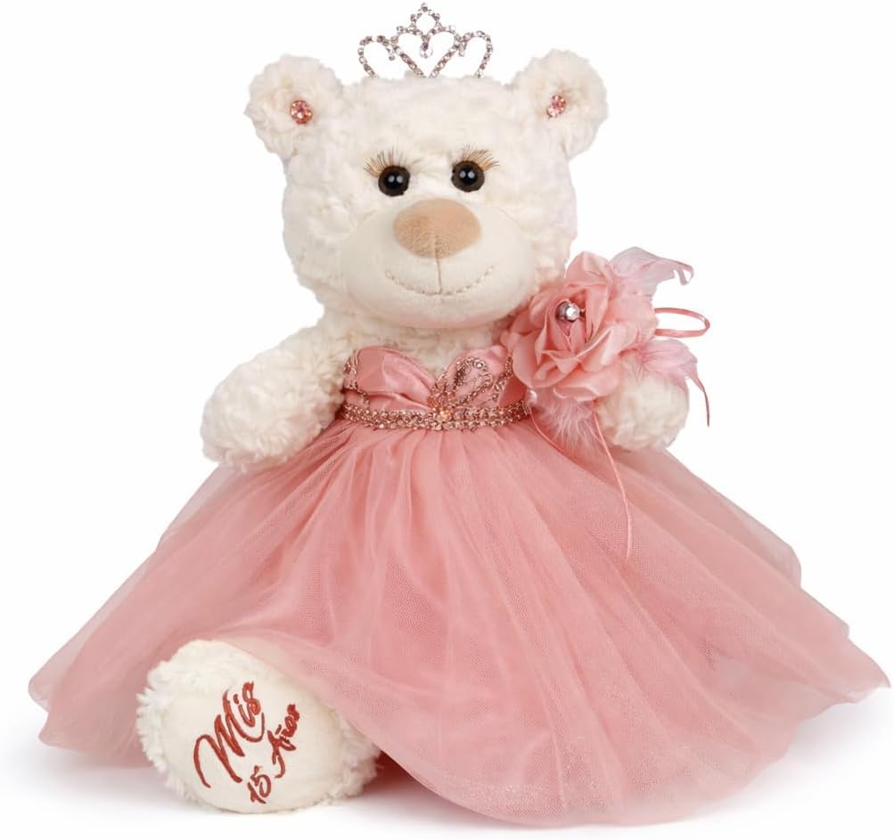 KINNEX COLLECTIONS SINCE 1997 Petite Quinceañera Teddy Bear with Dress – Decorative Accent Keepsake for 15 Años, OSO Quinceañera Decorativo (Without Stand) B09631-30M-N (Rose Gold)