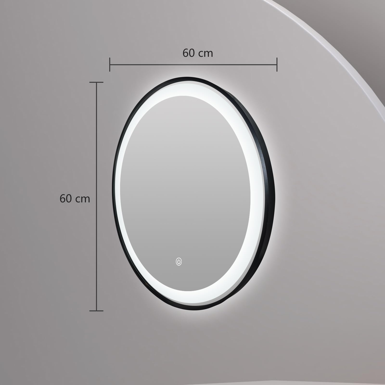 Miroir LED Rond Ø60 cm avec Cadre Aluminium Noir Mat – Éclairage Frontal Dimmable 6000K Blanc Naturel – Fonction Anti-Buée, Prise EU Incluse, Installation Facile, Design Moderne Salle de Bain