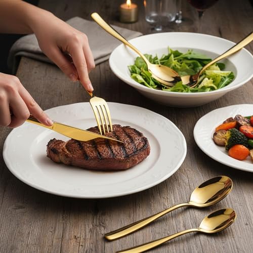 Image of 25 Pcs Gold Cutlery Set for Dining Table the Perfect Mirror Polish Hevy Duty Tableware Including Dinner Spoon, Dinner Fork, Dinner Knife, Dessert Spoon & Dessert Fork