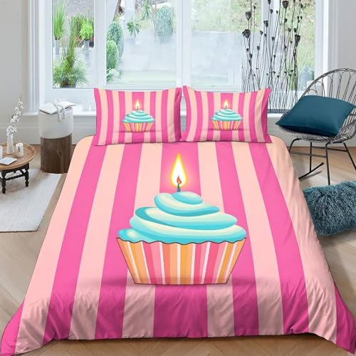 NAOFEKUID Housse de Couette Cupcake Anniversaire Rayé Imprimé 3D Microfibre Décoration Chambre Parure de Lit Cupcake pour Adultes Adolescents...