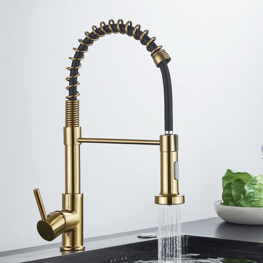 Robinet de cuisine en or brossé au design suspendu à ressort haut de gamme