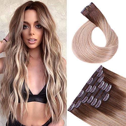 14Inch Ash Brown Balayage Seamless Clip In Human Hair Extensions, Invisi-PU Real Remy Hair Extensions Clip On Human Hair with Blonde Highlights, 7pcs, 110g