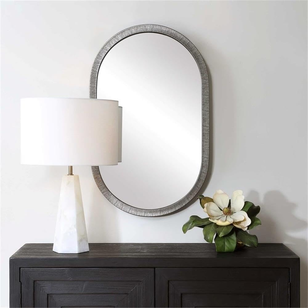 Pemberly Row Pill-Shaped Wall Mirror, Gray Textured PS Moulding, Silver Finish with Black Accents, Contemporary Accent Mirror for Modern or Classic Interiors