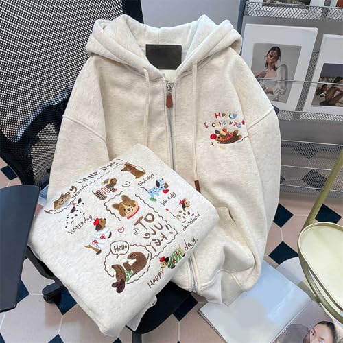 Generisch Damen Kapuzenpullover mit besticktem Hundemotiv bequemer Fleece Hoodie lässiger Oversize Schnitt Langarm für Winter Frühling Alltag (White, M)