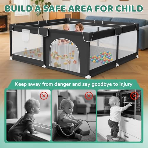 Image of Baby Playpen 64x64 Inch for Babies and Toddlers Indoor & Outdoor | Large Baby Play Yard, Safe & Sturdy, Easy-Assembly, Non-Slip, Easy to Clean, Black, Lightweight, External Zipper Door