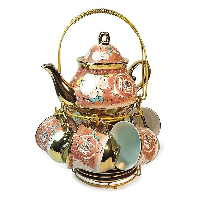 Image of Premium Ceramic Tea Set of 13 PCS Teapot (800ML) with 6 Cups (180ML Each), 6 Saucers & Holder Stand Elegant Gift for Tea Lovers Ideal for Home, Office & Parties (Dark Pink)