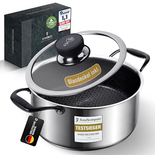 NYORD Edelstahltopf - Antihaft Kratzfest Kochtopf Wabenstruktur Spülmaschinenfest Hybrid Topf Keramik Beschichtung PTFE & PFOA frei Ofenfest für Induktion Gas & Ceran mit Deckel - 20 cm 3 l